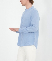 Мъжка синя ленена риза с права яка
